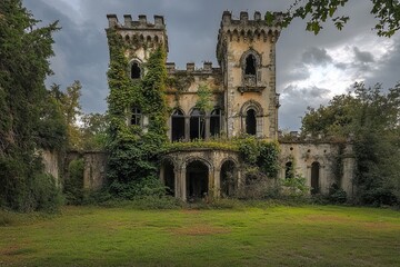 Fototapeta premium An eerie abandoned gothic castle stands proudly amidst overgrown vegetation, showcasing intricate architecture and a forgotten history. Perfect for exploration themes.