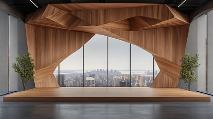 Obraz premium Modern Architectural 3D Render: Geometric Wood Wall Installation with City View AI Generated