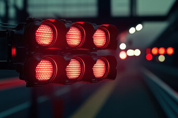 A set of race lights on red hanging over a race track