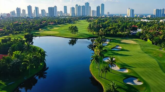 Aerial view of Miami Beach Golf Course showcasing lush greens and skyline, Aerial drone video sped up of the Miami Beach Golf Club