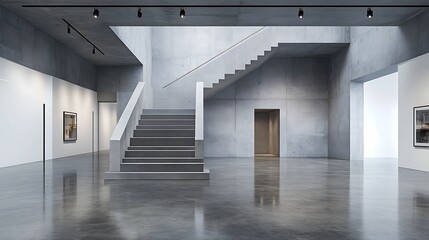 Modern Concrete Staircase in a Minimalist Gallery Interior: 3D Architectural Visualization AI Generated