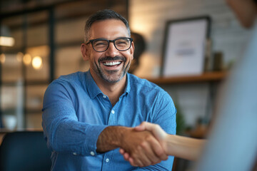 Smiling man in glasses shakes hands, happy meeting.