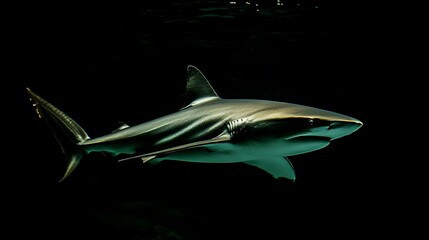 Fototapeta premium A shark swimming in dark water, illuminated from the side, showing its sleek body and sharp teeth.