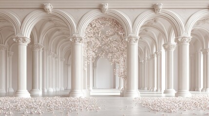 Obraz premium A graceful floral scene with white pillars, perfect for weddings or photo shoots, featuring soft-hued blooms and a serene environment