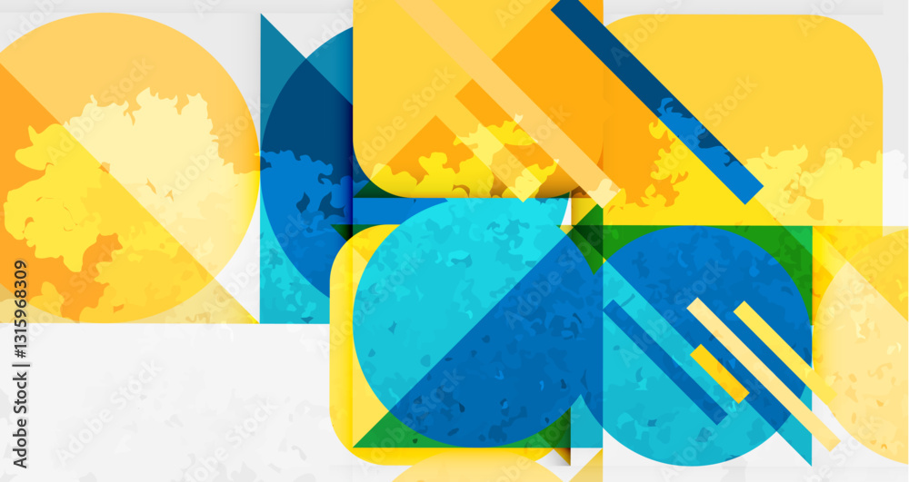 Poster grainy stain texture geometric abstract background with circles, squares and lines. vector illustrat