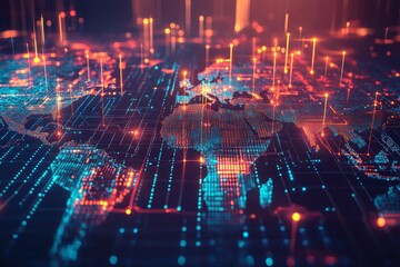 Fototapeta premium This captivating abstract image illustrates a digital world map with vibrant network data points. Ideal for technology, innovation, and global connectivity themes.