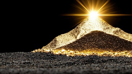 Golden mountain peak glimmers with light reflecting from shimmering particles against a dark background creating a dramatic contrast in the image
