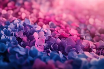 Obraz premium Pink and blue hydrangeas close-up, sunlit background, floral texture, website design