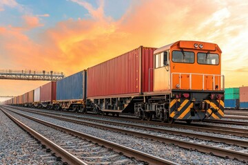 Fototapeta premium Global Cargo Transportation Concept Featuring Freight Train at Sunset Over Shipping Containers