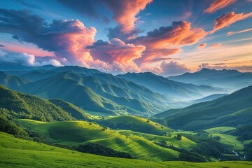 Obraz premium Tranquil Mountain View with Lush Green Hills and Colorful Clouds in Serene Landscape