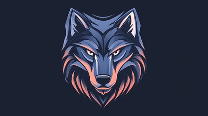 Majestic wolf head, stylized graphic design, dark blue and orange hues.
