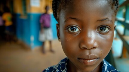 Enthusiastic African schoolgirl engaged in learning within a vibrant elementary classroom setting.