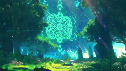 Enchanting Mystical Forest with Glowing Celtic Knotwork and Meditative Figure