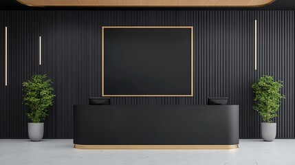 Modern Reception Desk Design: 3D Render of Elegant Black Office Interior AI Generated