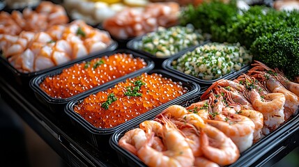 Fresh seafood variety neatly arranged in black containers ready for dinner preparation