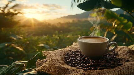 Hot coffee on burlap fabric wallpapers