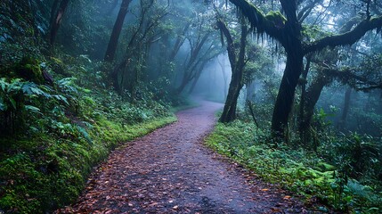 Obraz premium Misty forest path winding through lush green vegetation and moss-covered trees.