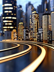 Fototapeta premium Vibrant Cityscape with Illuminated Buildings and Curving Road at Dusk