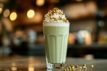 Elevating beverages with creamy pistachio milk dessert topped with whipped cream and nuts