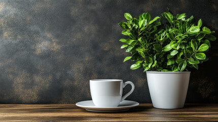 Inviting scene of a pot of green plants placed next to a warm cup of coffee creating a relaxing atmosphere