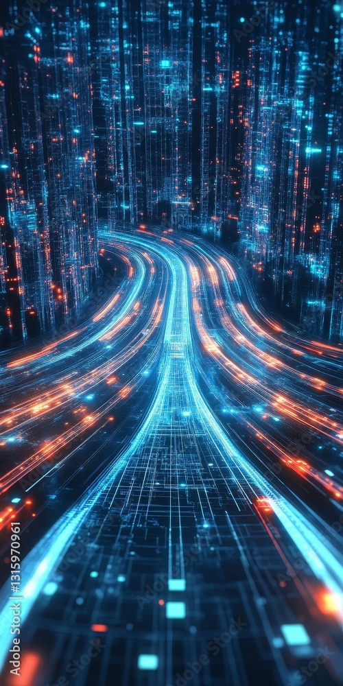 Poster this striking image features a futuristic digital landscape filled with glowing data streams and int