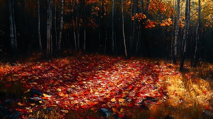 Fototapeta premium Sunlit autumn forest floor covered in red and yellow leaves.