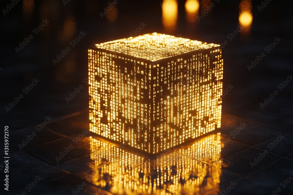Poster glowing cube with illuminated patterns in dark environment