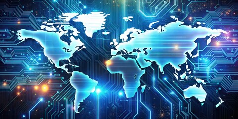 Fototapeta premium Global Network Connectivity A World Map Integrated into a Circuit Board Design Illustrating International Data Transmission and Interconnection