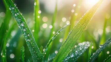 Naklejka premium Glistening Green Grass Blades with Morning Dew