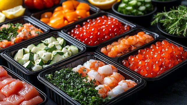 A vibrant selection of fresh seafood ingredients in black trays ready for meal prep