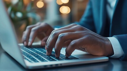 Close-up of Businessman's Hands Typing on Laptop in Office Setting