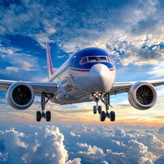 Commercial airplane soaring high above the clouds on a bright sunny day with clear skies in the background