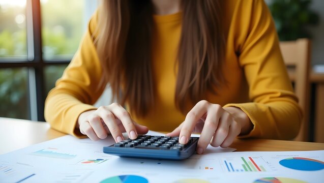 Focused Analysis: Woman Crunching Numbers Amid Charts and Graphs in a Bright Workspace