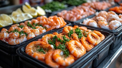 Fresh seafood variety in black containers prepared for a homemade seafood feast