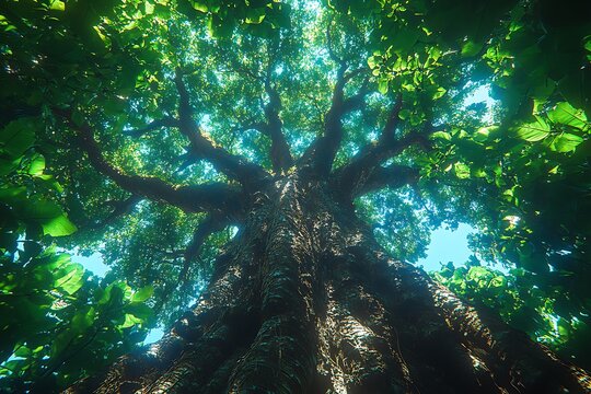 Large old tree with vibrant green leaves reaching the sky