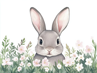 Obraz premium Charming Grey Bunny in a Floral Meadow