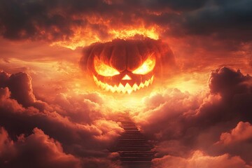 Fototapeta premium A chilling Halloween pumpkin glows fiercely against a dramatic sunset, surrounded by swirling clouds. This captivating image evokes seasonal spirit and spooky vibes.