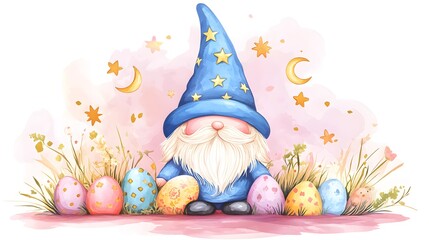 Magical Easter Gnome with Colorful Eggs in Whimsical Spring Garden