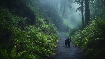 Fototapeta premium Black bear walking on misty forest trail.