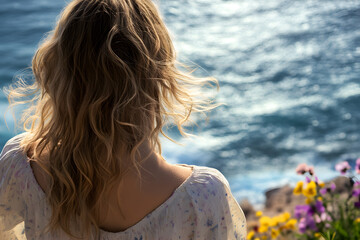 Obraz premium A young girl stands at the edge of a vast coastal landscape