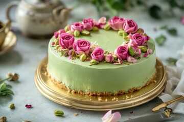 Naklejka premium Pistachio cake with rose-scented fondant decoration on a golden serving board