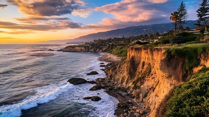 Fototapeta premium Dramatic sunset over coastal cliffs, ocean waves crashing on rocky shore, houses perched on top.