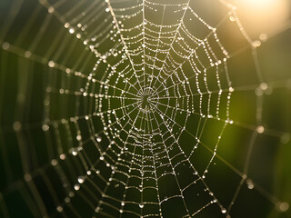 Close-up Dew-Covered Spiderweb in Sunlight, Nature Photography, Delicate Web Structure, Outdoor Scene.