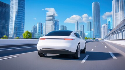 A self-driving car navigating through an urban environment, sleek AI-powered design, futuristic