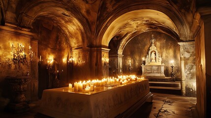 Obraz premium Candlelit crypt interior with altar, arched ceilings, and aged walls.