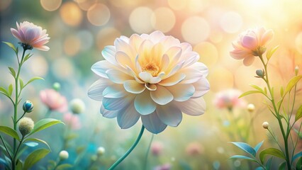 Obraz premium A serene garden scene featuring a prominent pale flower, surrounded by a soft bokeh effect and other delicate blooms in pastel shades, creating a tranquil and idyllic image.
