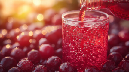 Sparkling cherry juice poured into a glass with fresh cherries