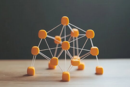 Colorful geometric structure made of yellow nodes and white strings on a wooden table background