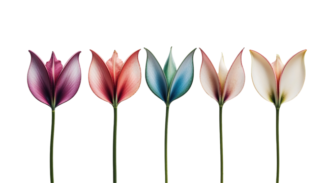 Stunning close-up of colorful flower petals in gradient tones, detailed botanical illustration style with a minimalist and elegant composition