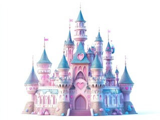 Pink fairytale castle, candyland setting, whimsical design, children's book illustration